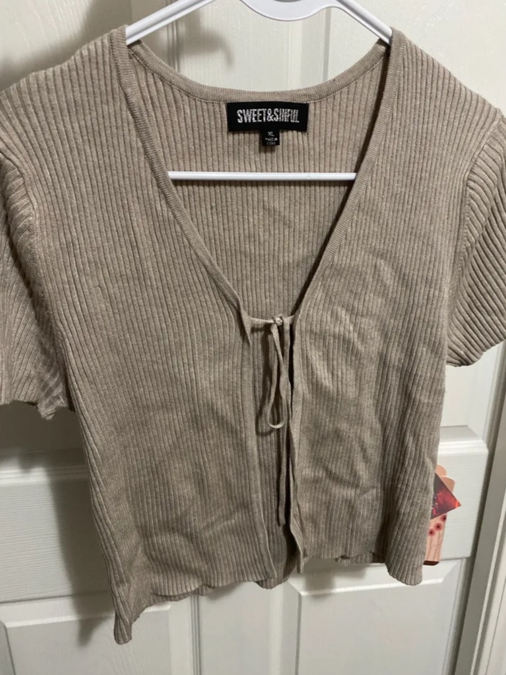 Knitted Ribbed Tie-Front Women’s Top in Taupe Crop Shirt